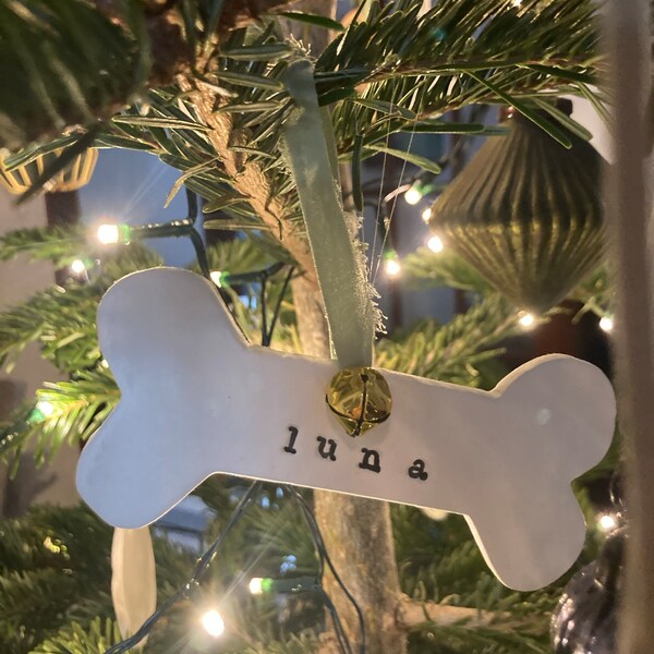 View of Personalised Dog Bone Clay Tree Decoration, Pet Christmas Decoration ...