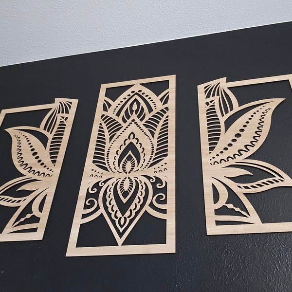 Lotus Mandala Wall Art - Set of 3 Panels Spiritual Zen Wooden Flower ...