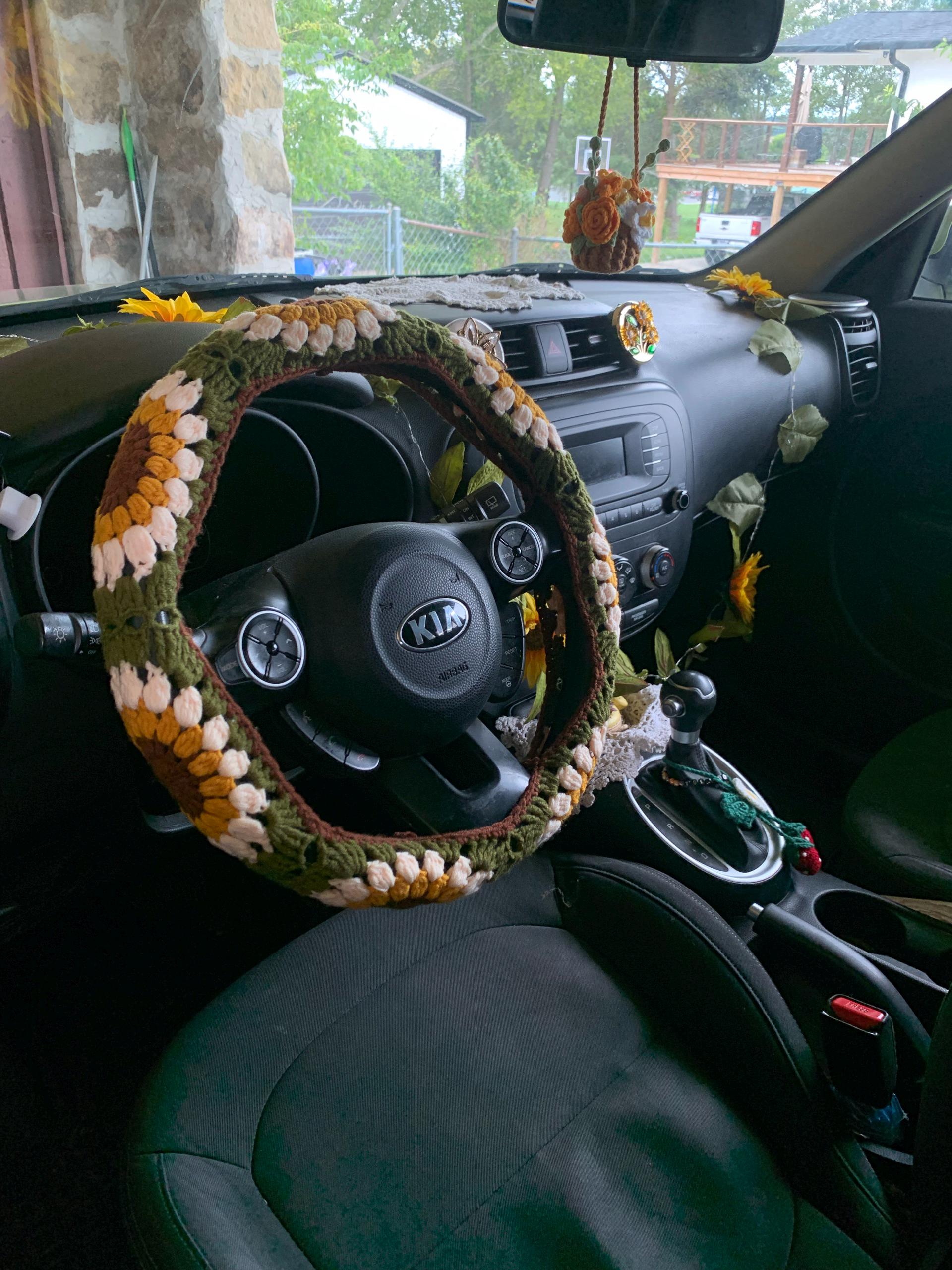 Sonnenblumen Auto Steuerrad Hülle,Gehäkelte Steuerrad Hülle,Blumen Gurthülle,Süße Steuerrad Hülle,Auto Zubehör