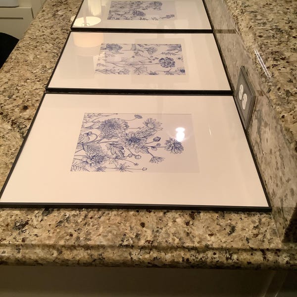 Blue Botanical Printed Wall Art Chinoiserie Wall Art, 3 Piece Wall ...