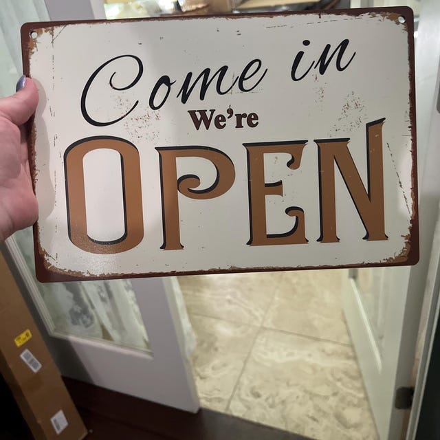 Vintage Open Closed Sign: Elegant off White Gold Shop Door Retro