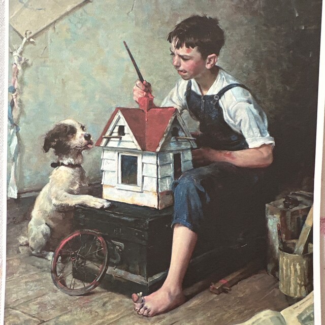 Vintage Norman Rockwell Art Print 1921 | Boy Painting Birdhouse