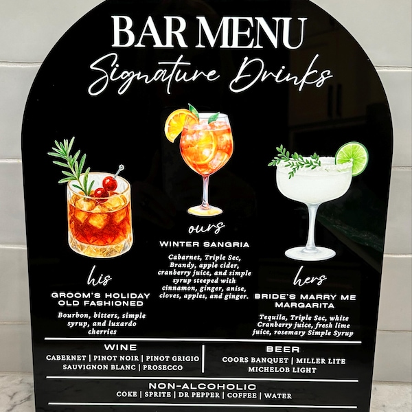 Example Personalised Cocktail Menu Signature Cocktails Bar Sign, Bar Menu, Acrylic Arch Wedding Bar Sign ...