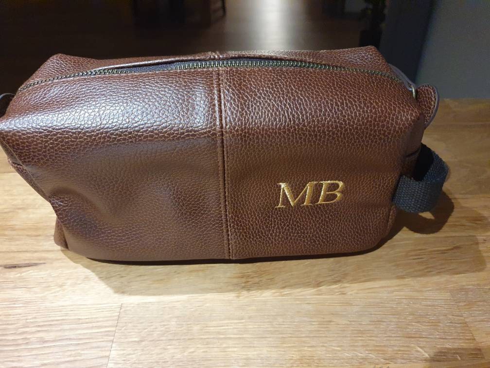 Personalised Embroidered Mens Leather Wash Bag with Strap Black or Brown - Mens Vegan Leather Toilet Bag Embroidered with Initials