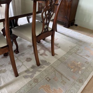 Beige Oushak Rug, Blues Greens Soft Peach Accents, Faded