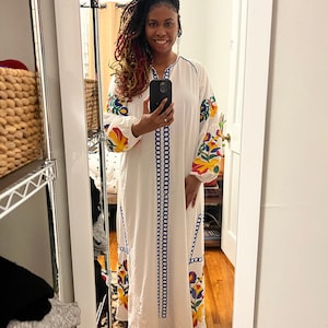 Boho White Summer Kaftan, Long Sleeve Cotton Kaftan Dress, Colorful Embroidered  Kaftan Dress, Kaftan Maxi Dress, Caftans for Women, Caftans