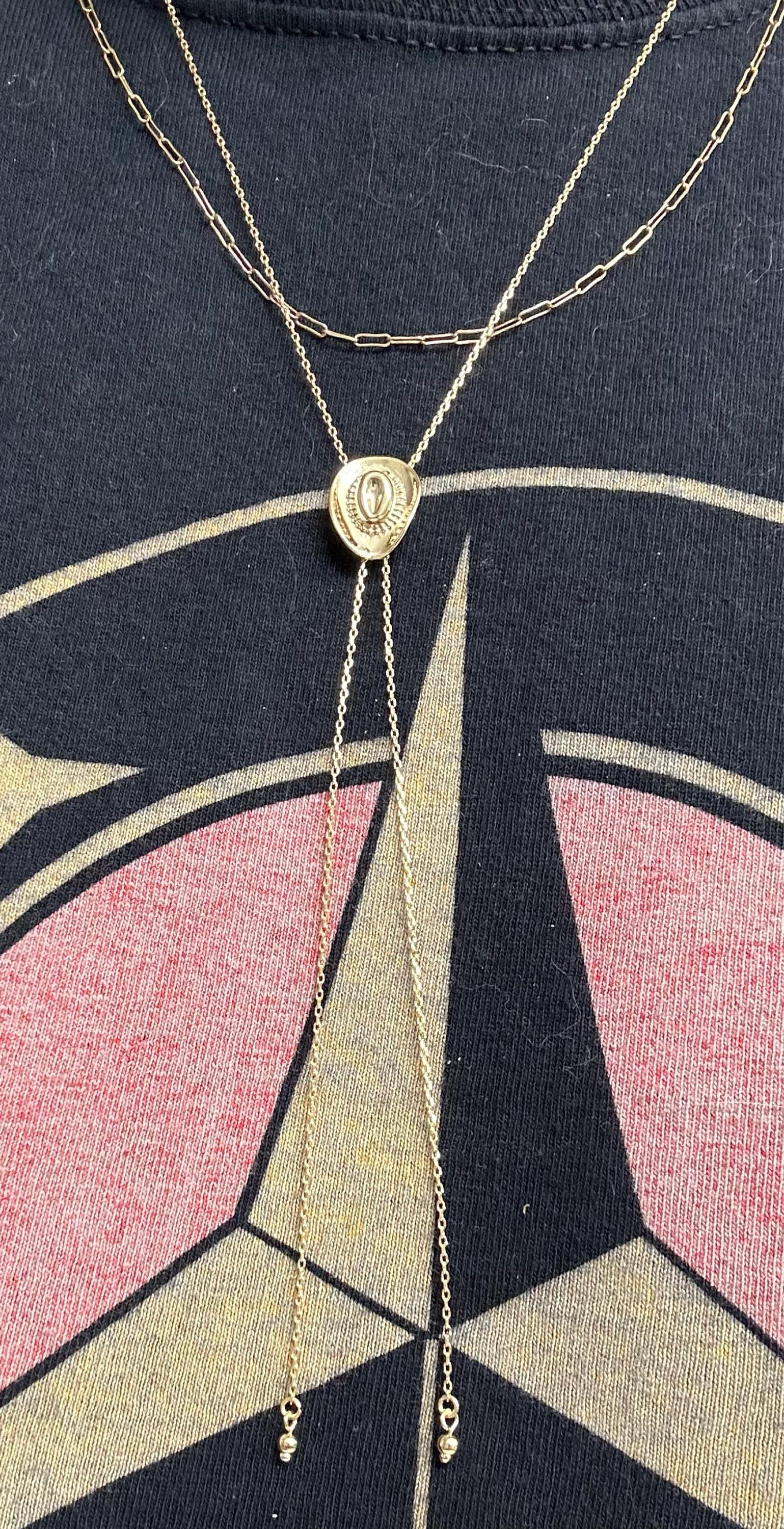 Dainty Cowboy Cowgirl Hat Pendant 29&quot; Bolo Long Chain Necklace, Gold Silver Western, Boots, Country, Minimal Jewelry bridesmaid Her Gift