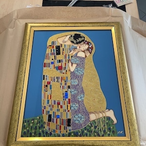 グスタフ・クリムト作「接吻」オリジナルガラス絵画（クリスタル入り