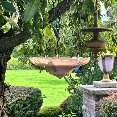 Fresh Look at Blue Glass Bird Bath Bowl Hanging Bird Feeder Gift For