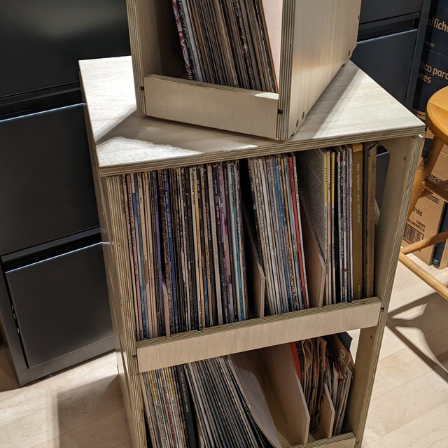  DIVINYLY Caja de almacenamiento de discos de vinilo giratoria 4  en 1, cubo de exhibición de vinilo de madera, soporte giratorio de madera  para álbum y organizador para colección de 100