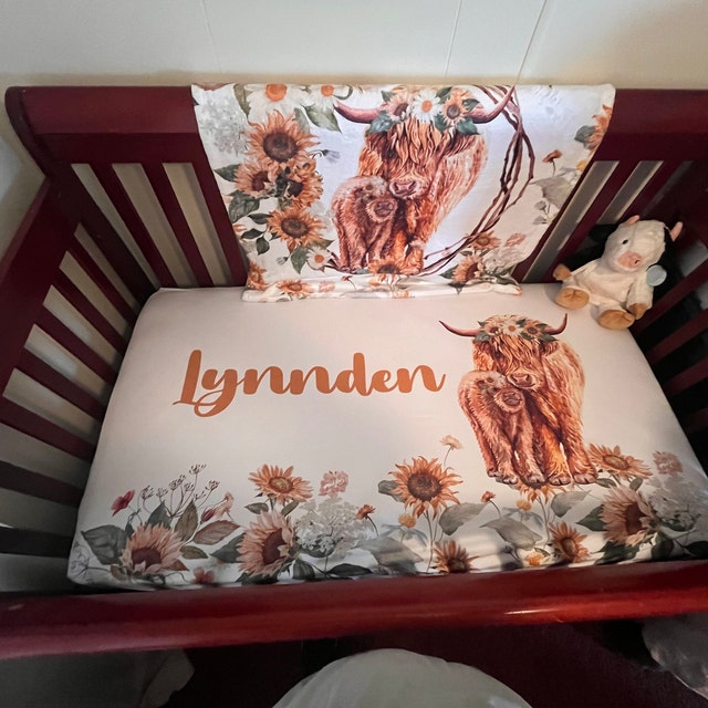 Cow Sunflowers Personalized Crib Sheet - Custom Name Fitted Sheet For Baby Crib