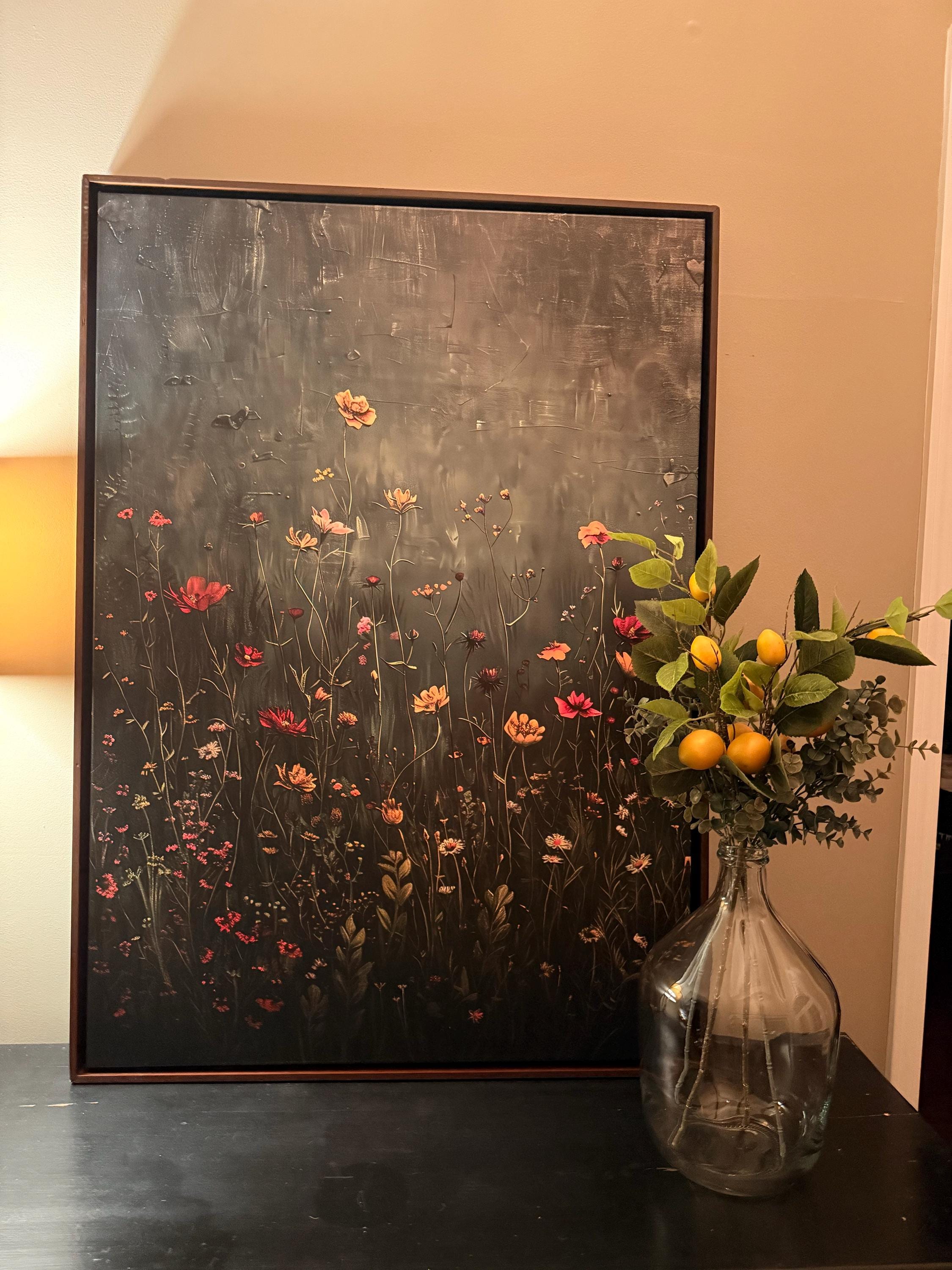 Wildflower Field Framed Wall Art, Vintage Botanical Landscape Sign, Floral Decor, Modern Farmhouse Canvas Art, Field Of Flowers Canvas Print