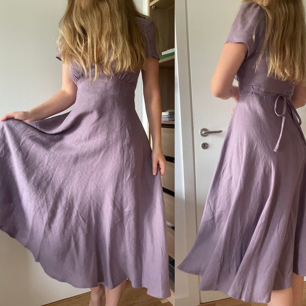 Deep V Neck Linen Dress SICILY, Cup Sleeve Linen Dress, Tailored Dress ...