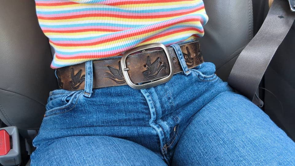 Leather Belt Sparrow Vintage Aged Leather belt - embossed sparrow snap belt  Handmade in USA Groomsmen Wedding Swallow Bird Tattoo Flash Art