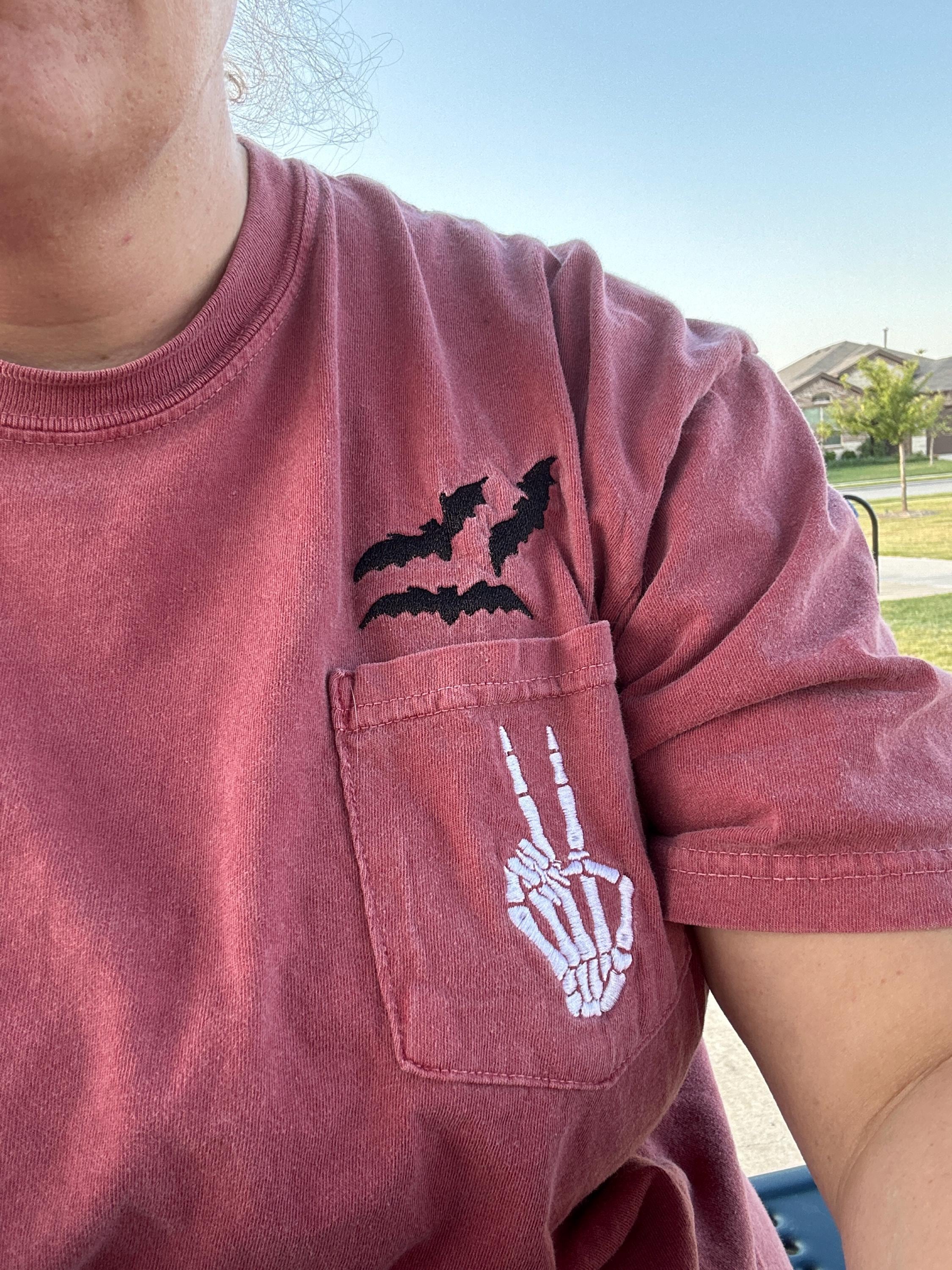 Embroidered Halloween Pocket Tee, Short Sleeve Skeleton Tshirt, Comfort Colors Pocket Tee, Spooky Shirt, Womens Halloween Shirt