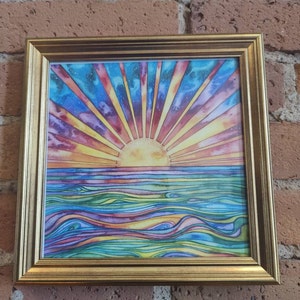 太陽の水 - オリジナル絵画の水彩画プリント、日没、日の出