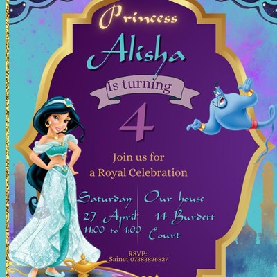 Digital Princess Jasmine Birthday Invitation-princess Party Invite-kids