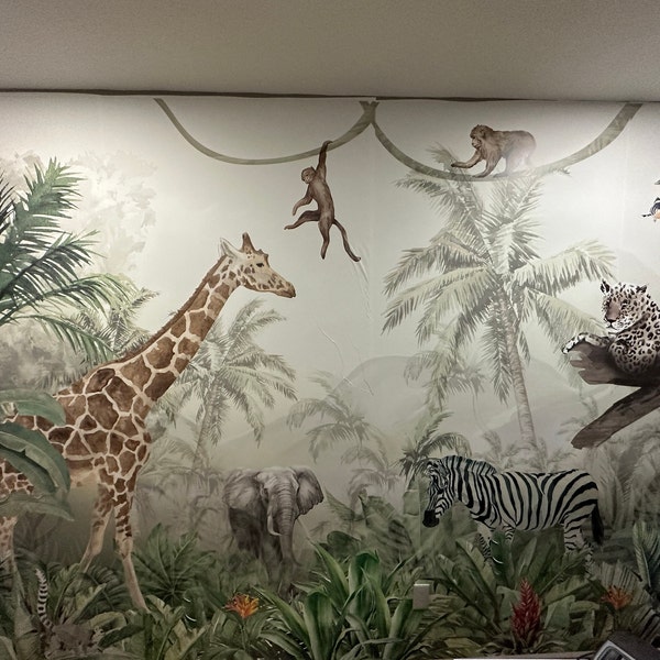 Watercolor Safari Animals Wallpaper: Peel and Stick Nursery Wall Mural ...