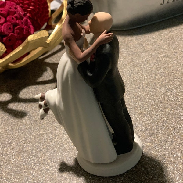 Interlocking Bride and Groom Wedding Cake Topper - Light Skin Tone Bald ...