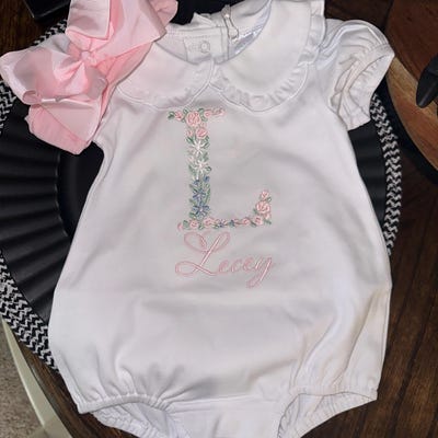 Bailey Boys Baby Girls Soft Blue Bubble - Flounce Collar - Floral Blooms Embroidery main image 1