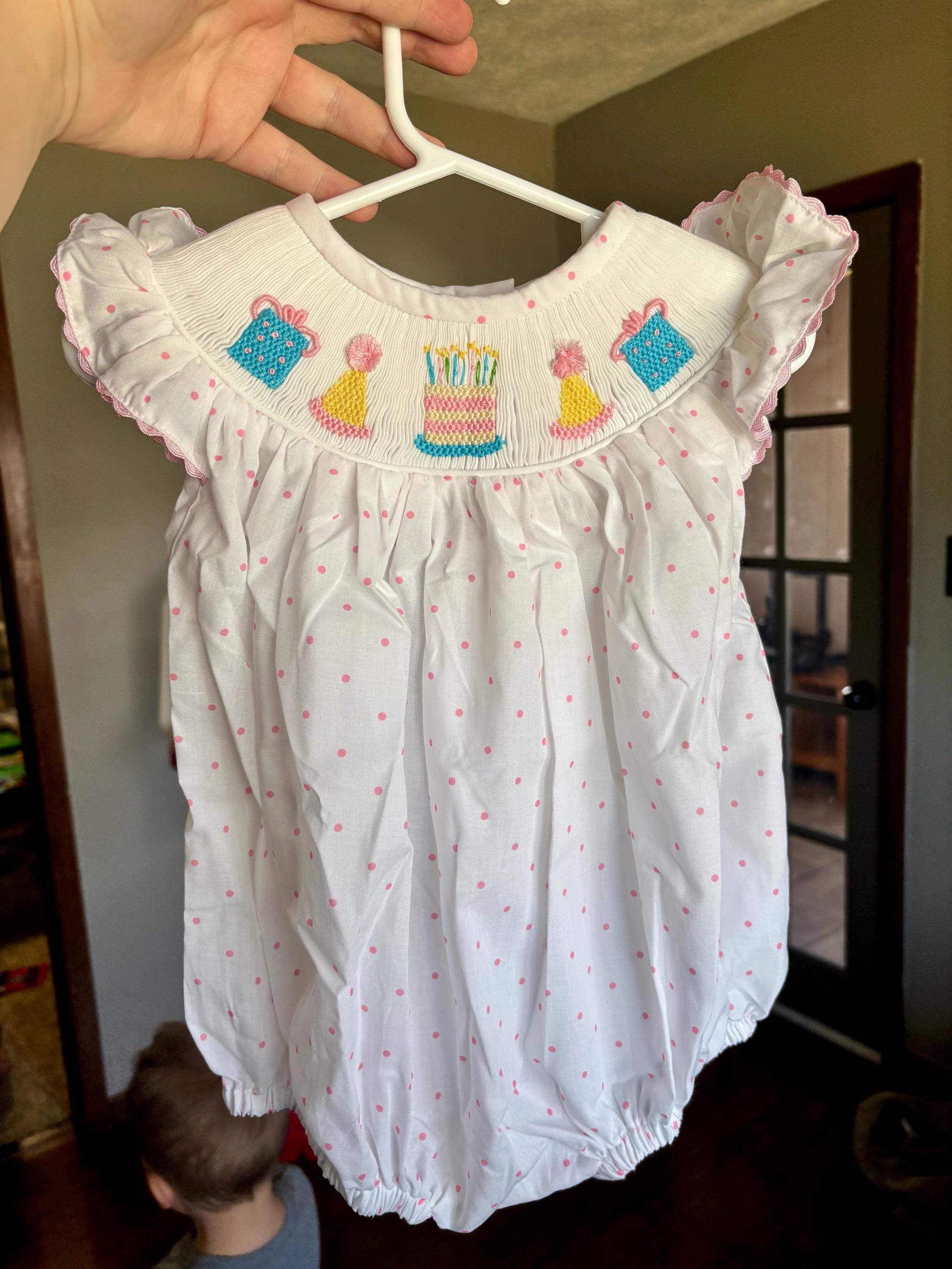 Smocked Birthday Bubble Romper in Polka Dots & Flutter Sleeves   - Birthday Party Outfit, Baby girl, Heirloom, Machine Washable 641 *C