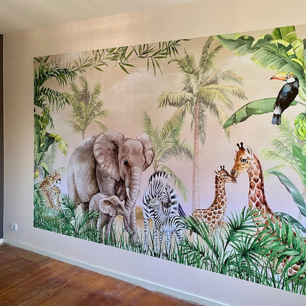 Kids Wallpaper Peel and Stick | Safari Animals With Baby Wall Mural - Etsy