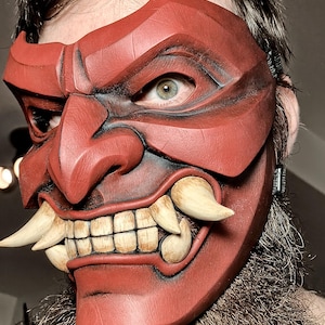 Red Oni Menpo Samurai Mask - Japanese Warrior Facial Armor for