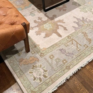 Beige Oushak Rug, Blues Greens Soft Peach Accents, Faded