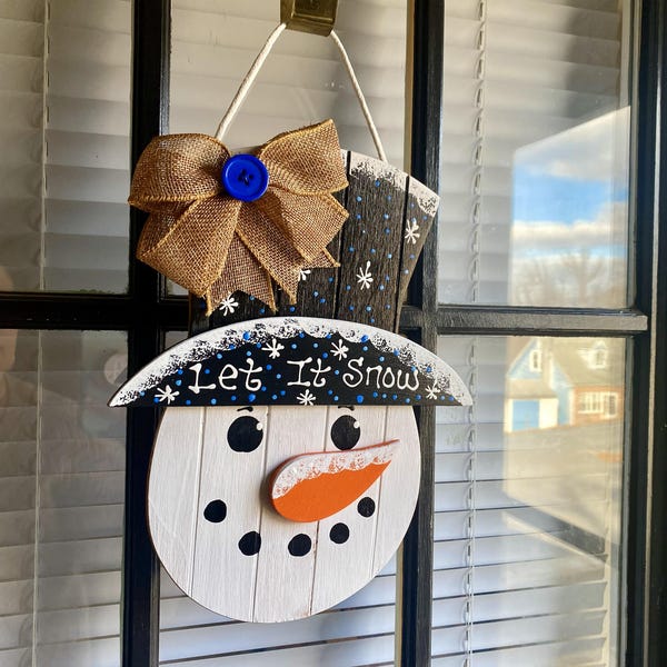 Let It Snow SNOWMAN SIGN Grooved Wood Hanging Hanger Plaque Winter Door ...