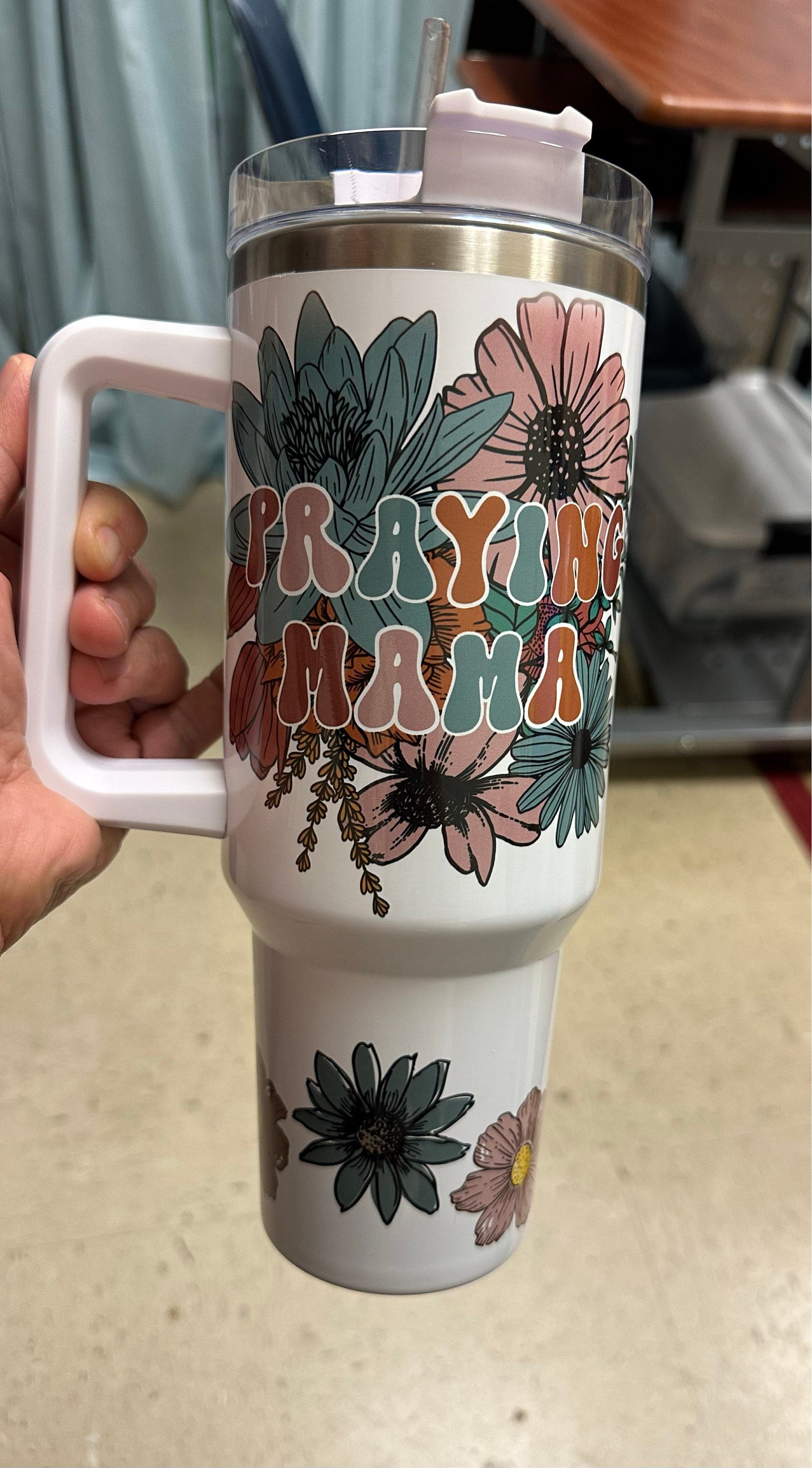 Personalized 40oz Tumbler for Moms, Matte White Travel Mug with Handle & Straw - Perfect for Hot or Cold Drinks