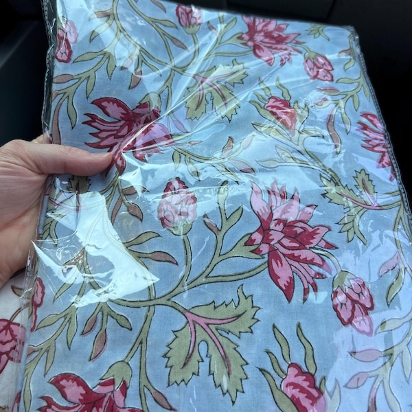 100 Cotton Blue, White and Green Block Print Fabric by the Yard