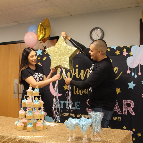 Apinata4u Heart Shaped Gender Reveal Pull String Pinata Pink Blue 20in X 20in