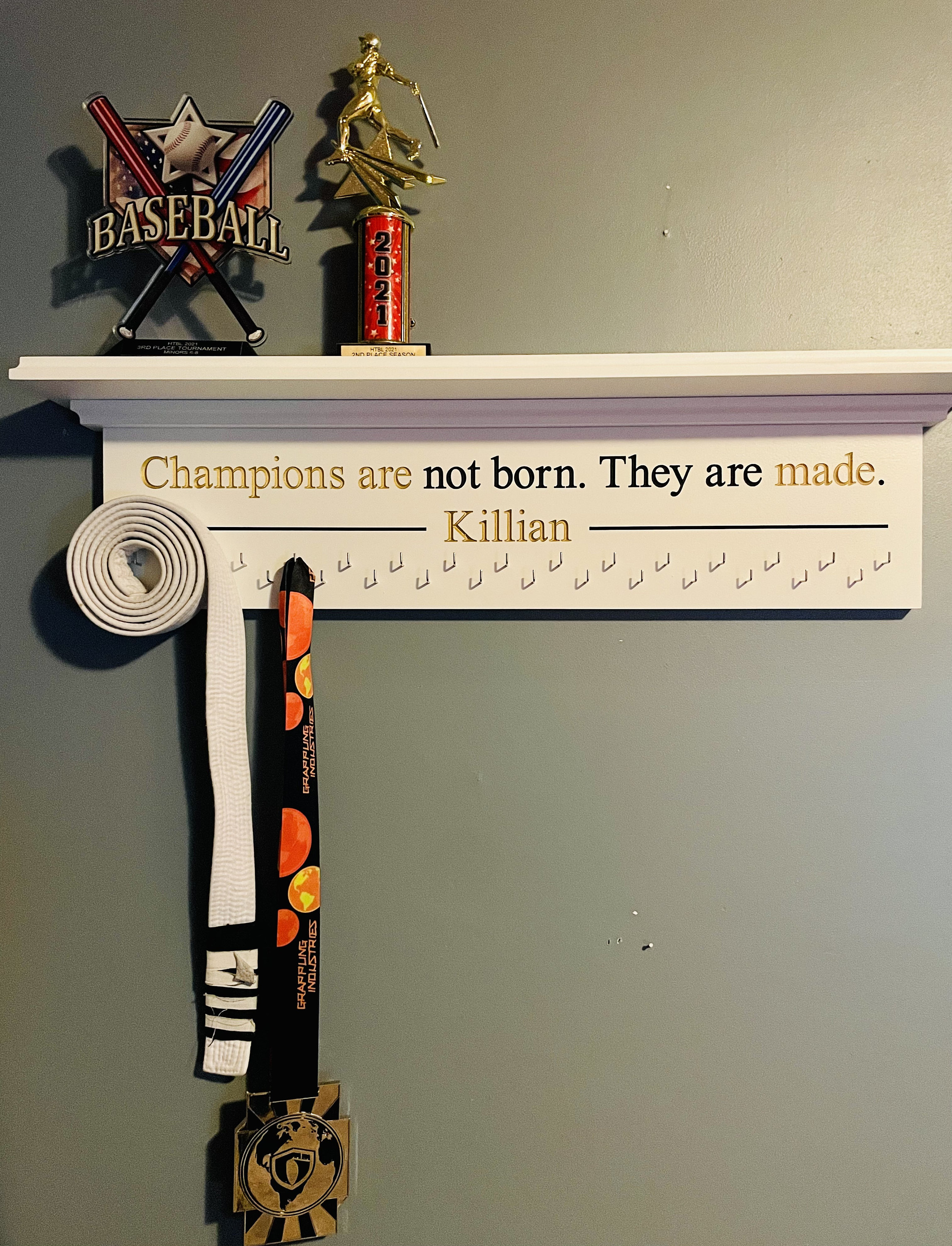 Medal Holder Champions Engraved Trophy Shelf Ribbon Holder Medal Hanger Award Display Personalized gift Trophy Rack Sports Award Display 30"