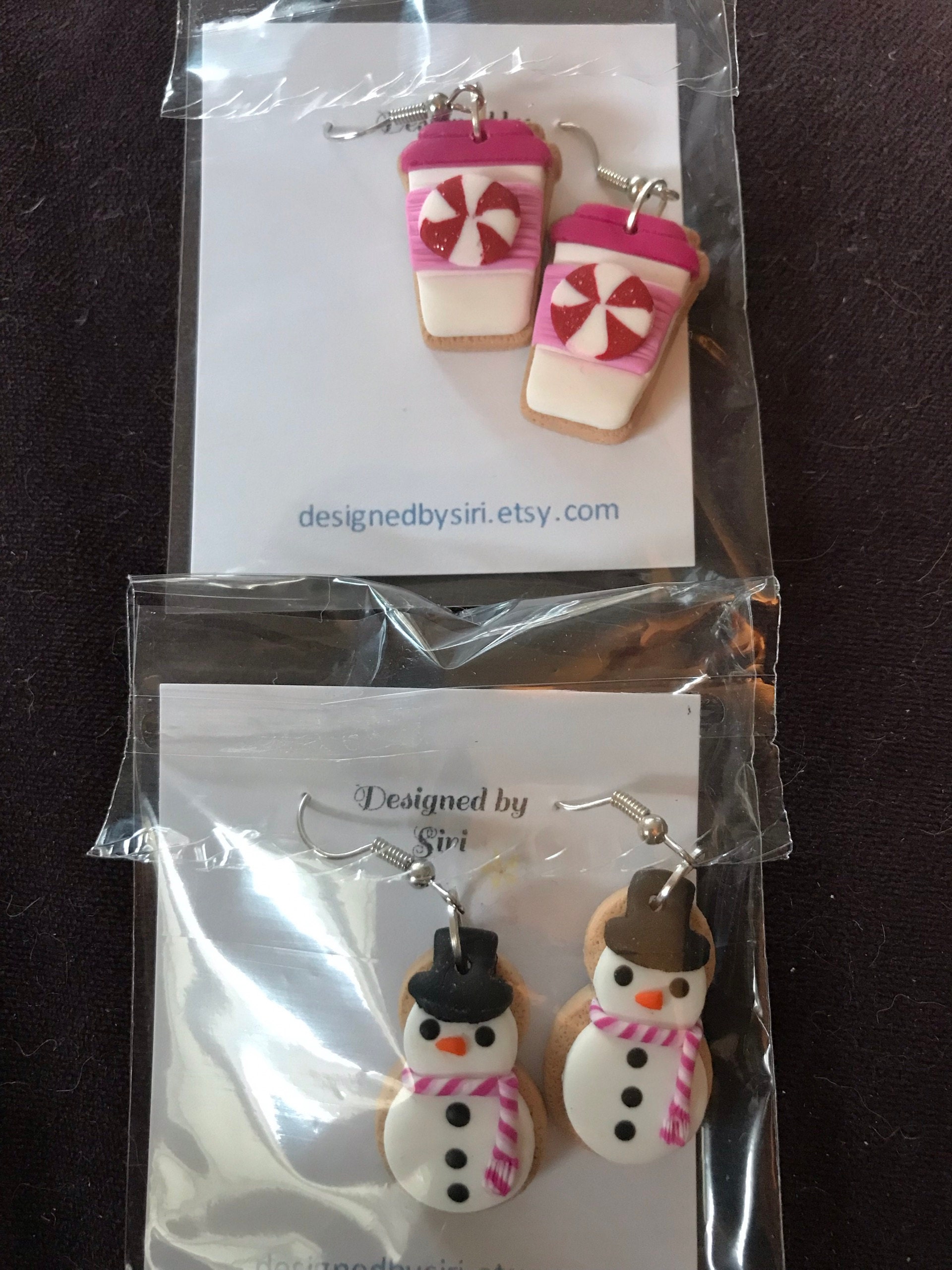 Pink Christmas Earrings, Snowman Earrings Clay, Fish Hook Wires Dangle Sugar Cookie Handmade Jewelry, Pine Tree Christmas Tree Earrings