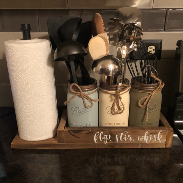 Mason jar utensil hold paper towel holder kitchen set | Etsy