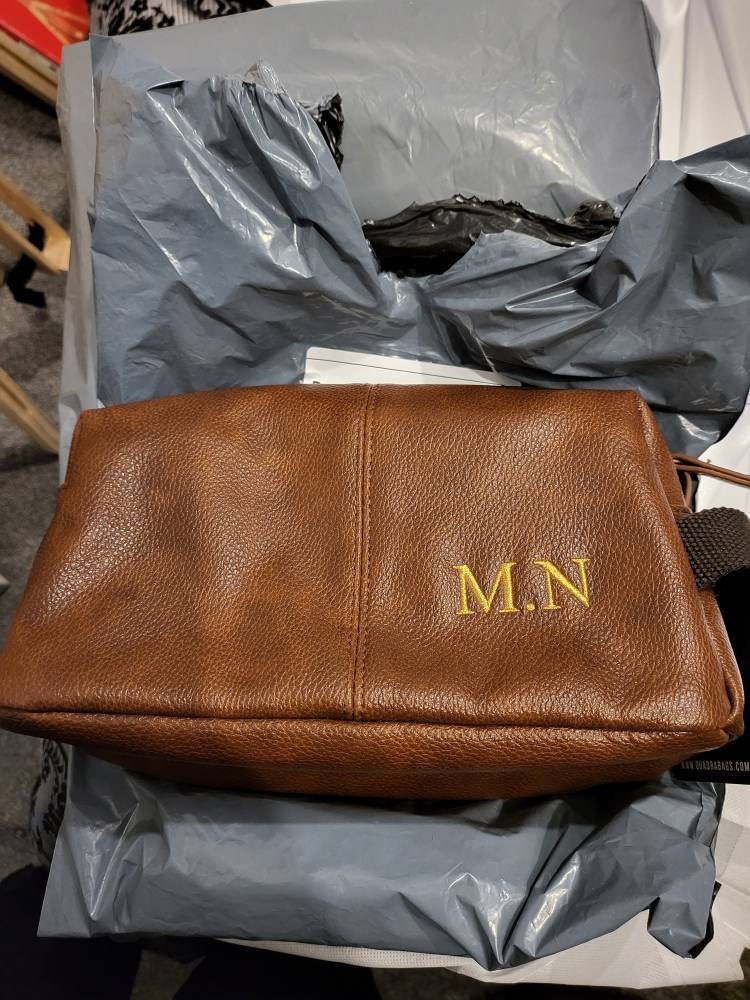 Personalised Embroidered Mens Leather Wash Bag with Strap Black or Brown - Mens Vegan Leather Toilet Bag Embroidered with Initials