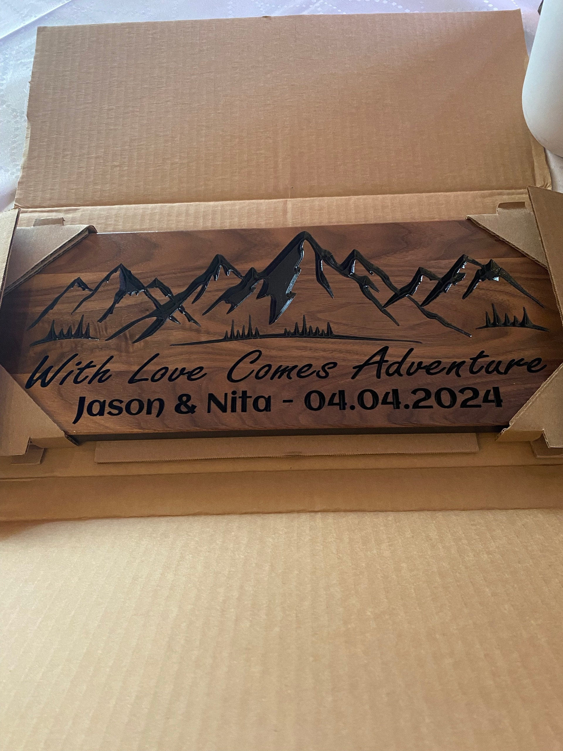Custom Text Mountain Wall Art, Wood Carved Mountain Picture, Unique Anniversary or Wedding Gift, Family Name and Established Date Sign.