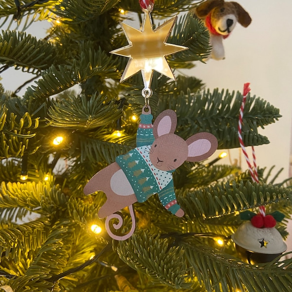 Medium Grey Boy Mouse wIth Chrismas Bauble