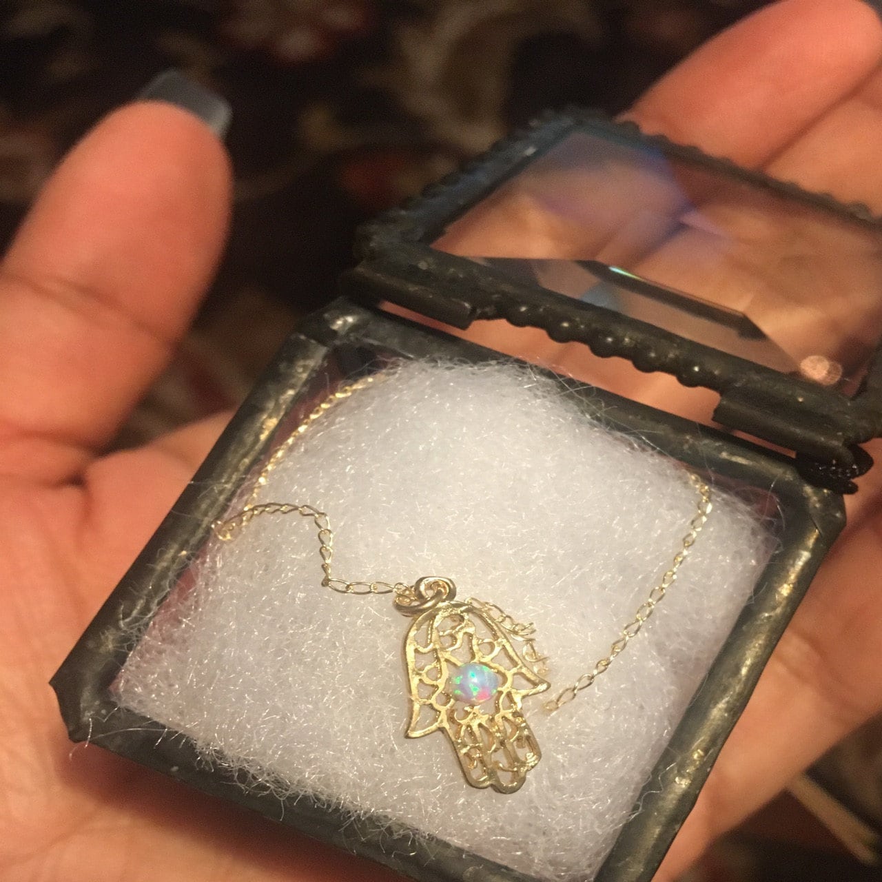 Opal hamsa necklace, gold Hamsa necklace, gold hand necklace, Delicate gold necklace, gold hand blue opal necklace, synthetic opal