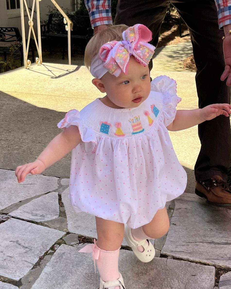 Smocked Birthday Bubble Romper in Polka Dots & Flutter Sleeves   - Birthday Party Outfit, Baby girl, Heirloom, Machine Washable 641 *C