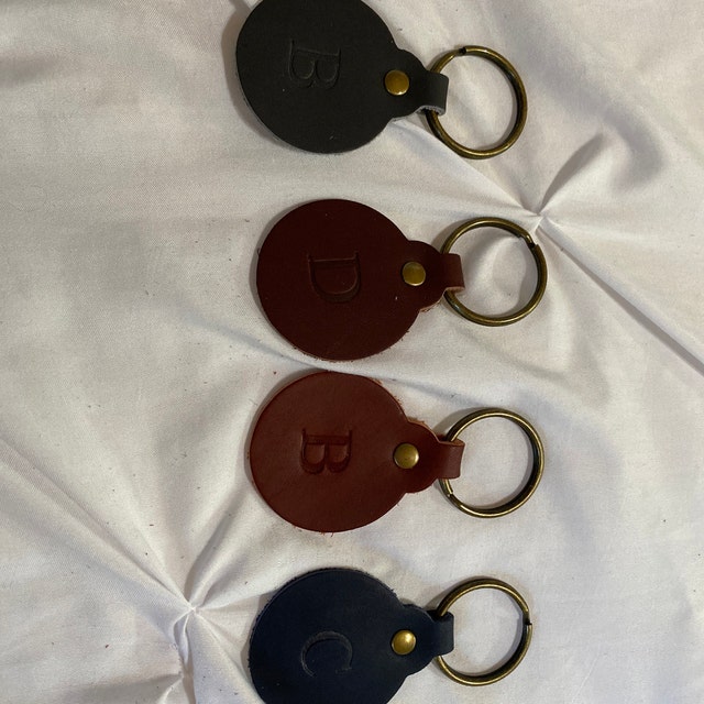 NorthwindSupply Custom Leather Circle Key FOB. Monogrammed Leather Key Fob Slate / Silver Foil / Gold