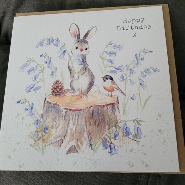 Rabbit Birthday Card - Charming Illustration - Rabbit With Bluebells ...