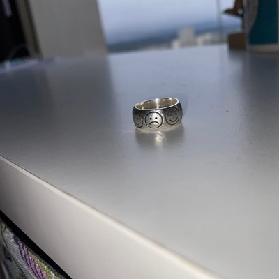 Genuine 925 Sterling Silver Ring – 7mm Band Emoticons, Solid Hallmarked Nickel-Free