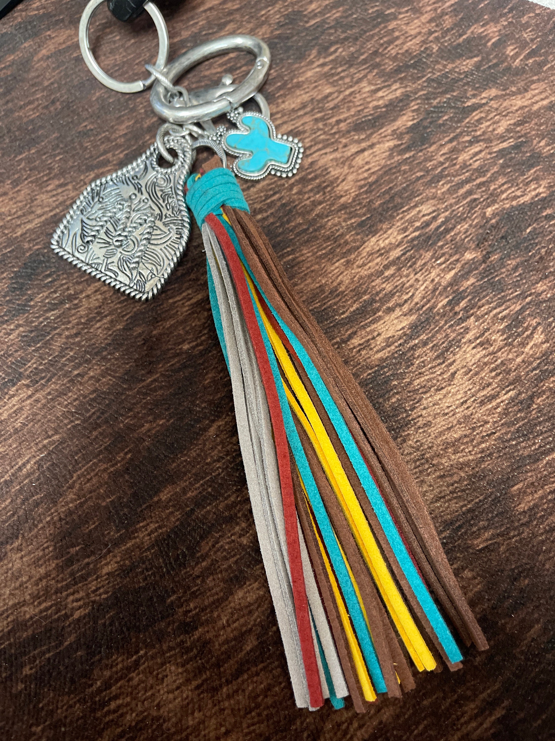 Initial Monogram Keychain/ Turquoise Charm/Initial Cattle Ear Tag Keychain/multi color tassel fringe keychain