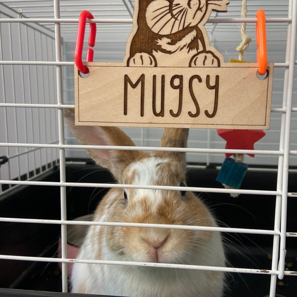 Bunny Rabbit Ears up Cage Tag, Personalized, Custom, Engraved Wood, Pet ...