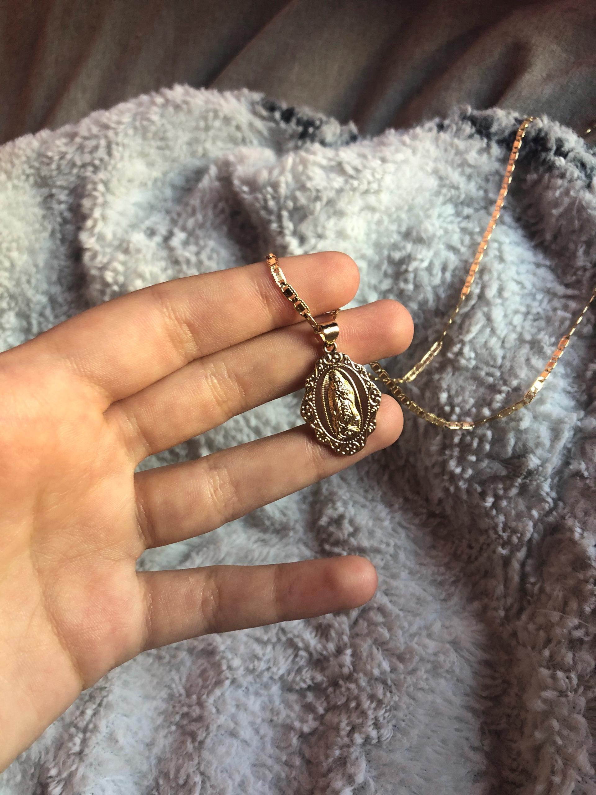 Gold Virgin Mary Necklace, Guadalupe Necklace, 2mm Fancy Flat Chain, 14k Heavy Plated Gold, High Quality, Lifetime Replacement Guarantee