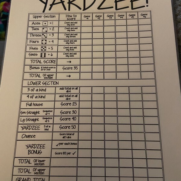 Printable 24x36 YARDZEE/ YAHTZEE Score Card File Fill in the Blank--diy Yardzee Scorecard ...