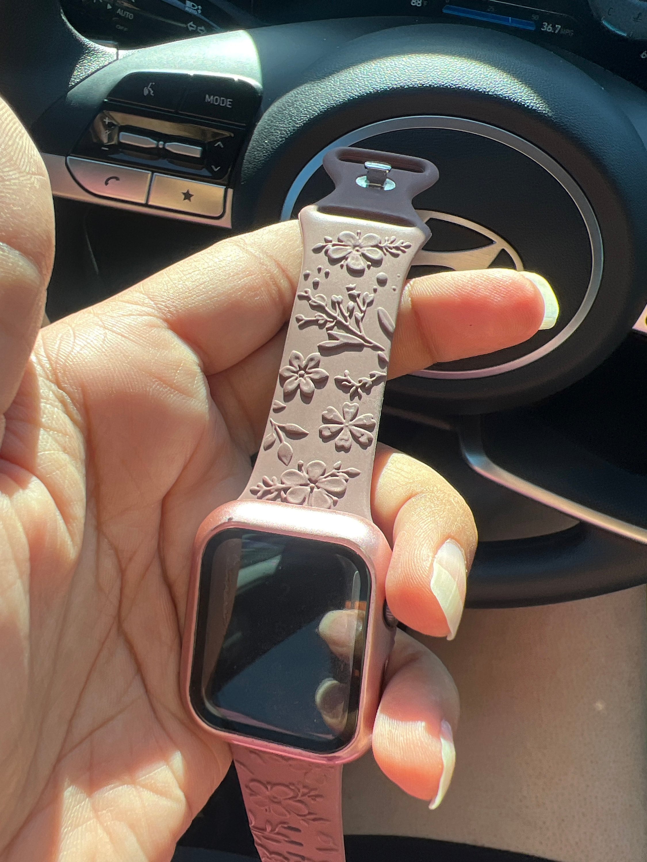 Floral Engraved Bands Apple Watch Band 40mm 41mm 38mm 42mm 44mm 45mm 49mm Women,Silicone Embossed Cherry Blossoms Band iWatch Series 9 8 7-1