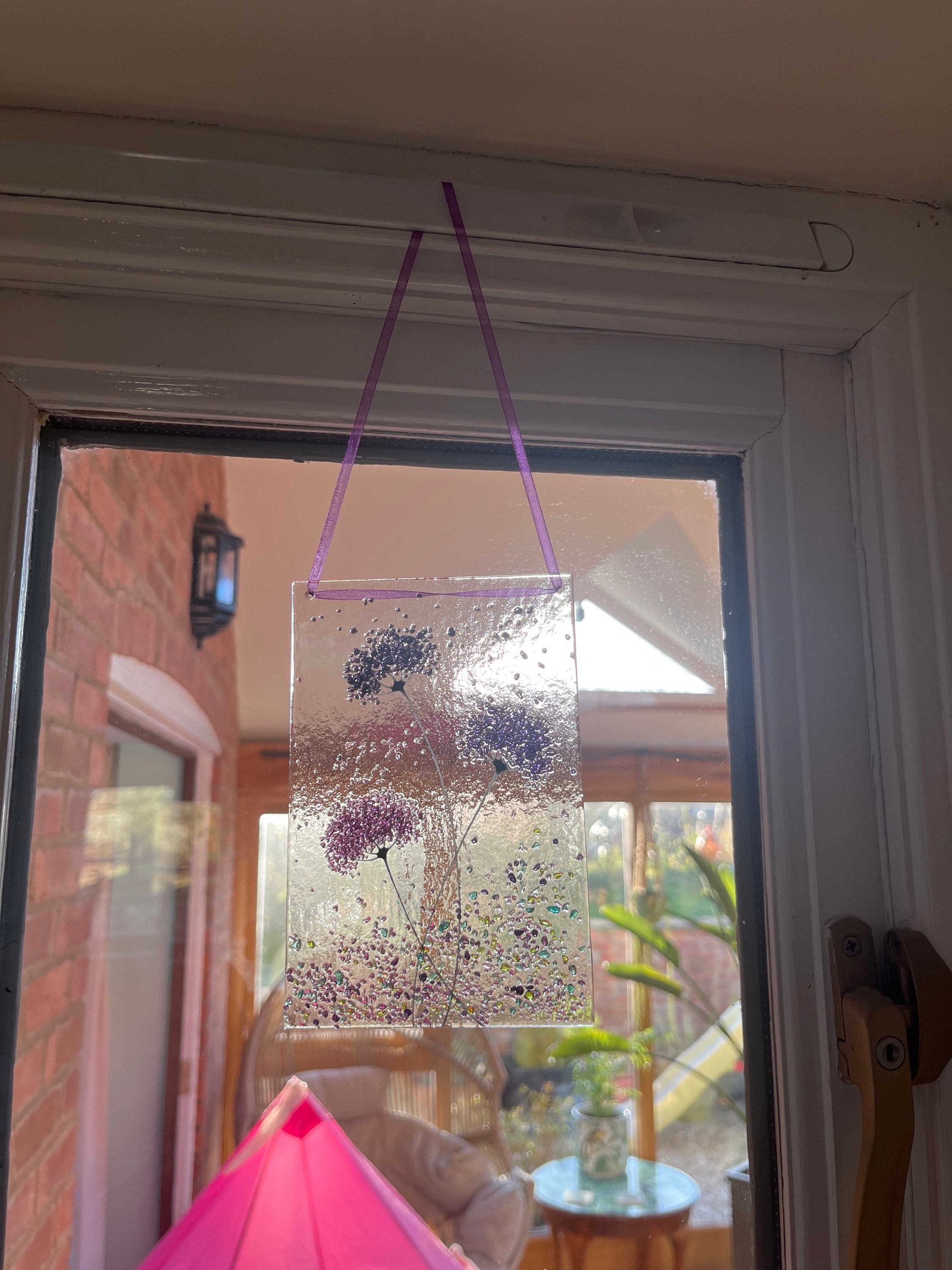 Purple mix whimsical Flower fused glass Art Picture or with Wooden Display Stand