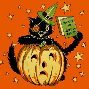 ヴィンテージハロウィン黒猫イラスト：魔法の呪文、カボチャ（デジタル